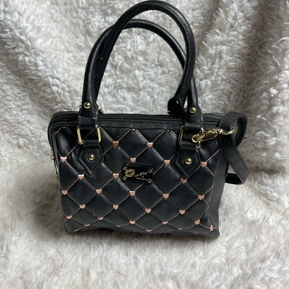 Betsey Johnson small quilted black Boston bag with pink heart embroidery
